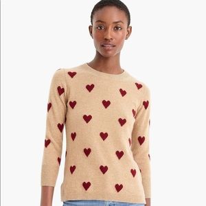 J Crew Cashmere Sweater in Camel with Burgundy/Wine Hearts